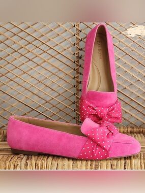 Talbots Bright Pink Suede Loafers with Polka Dot Bow